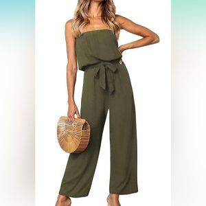 ZESICA Women's Casual Off Shoulder Strapless Belted Wide Leg Jumpsuit
